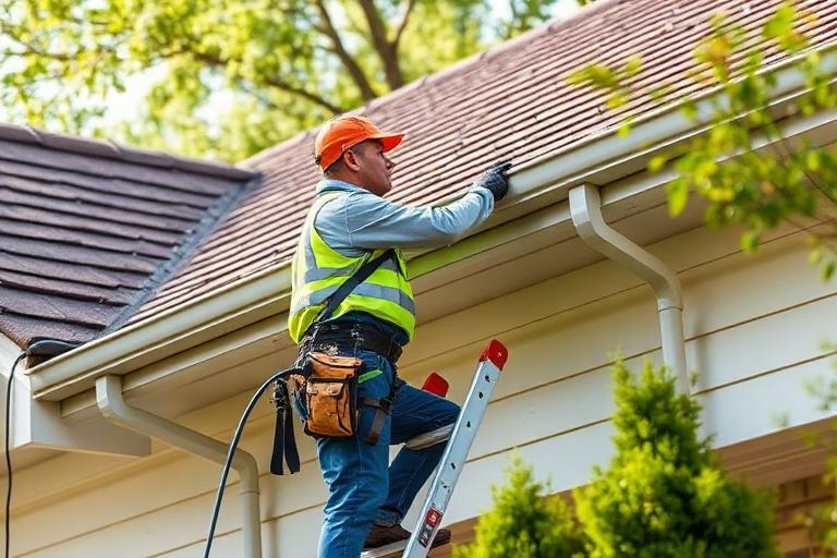 Técnico limpando calhas de telhado com segurança