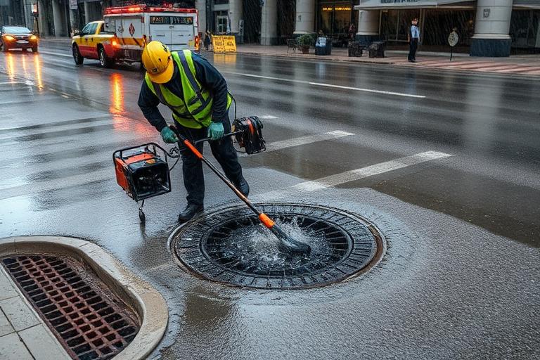 Desentupimento de rede pluvial e bueiro em via urbana