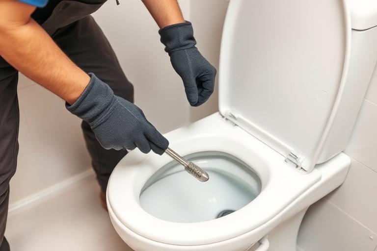Profissional desentupindo vaso sanitário em residência